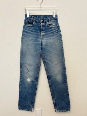 Vintage Levis 701 Student Jeans 80s Tag 28x34 Fits 25" Button Fly Rips Blue USA